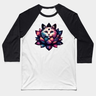 Colorful Cosmic Cat in Lotus Flower Baseball T-Shirt